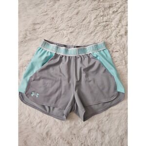 Women Under Armour HeatGear Athletic Shorts Gray Teal Logo Elastic Waist Size S
